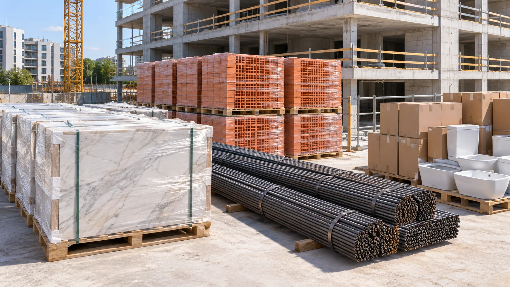 Matériaux de construction organisés sur un chantier immobilier